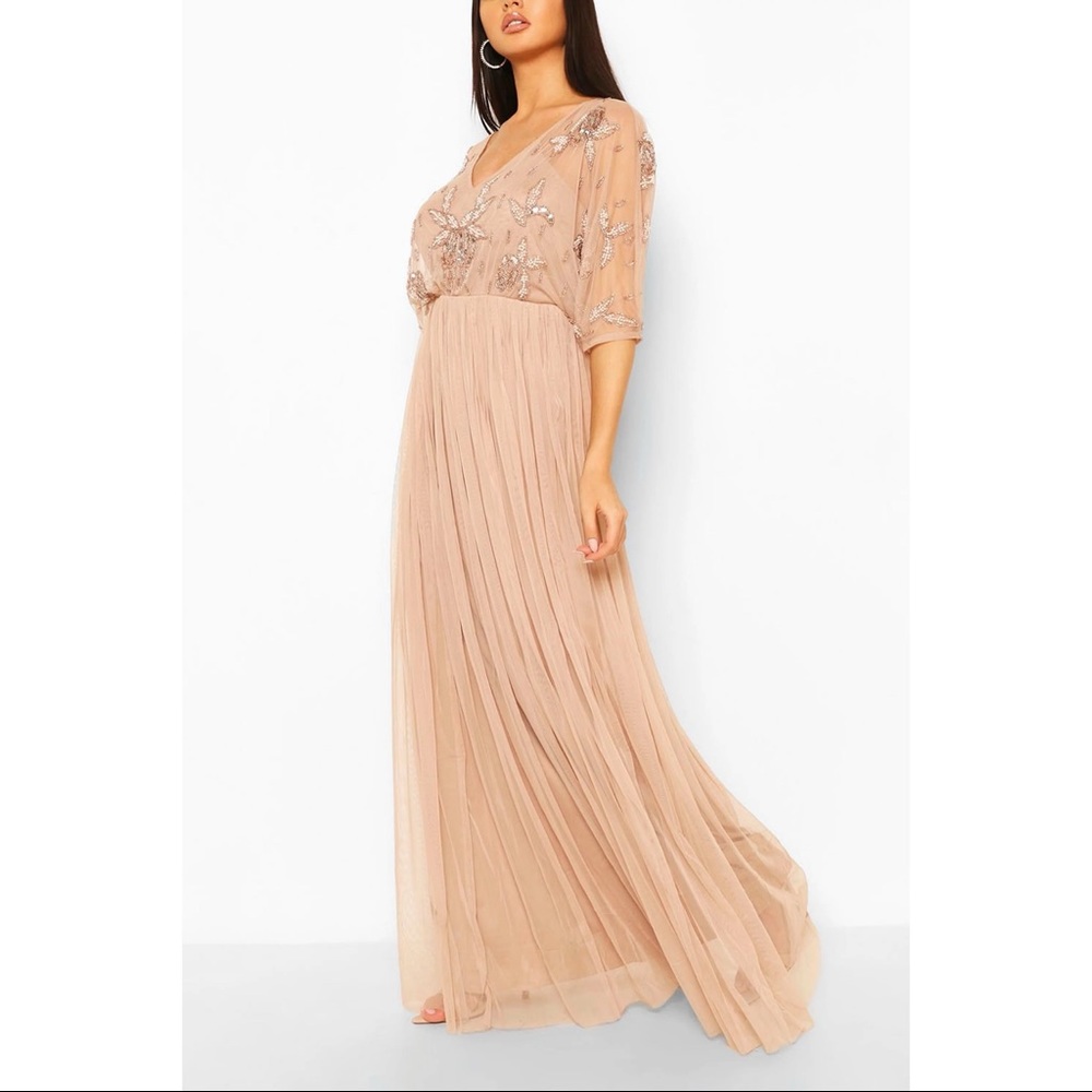 BooHoo Champagne Gold Beaded Embellished Tulle Maxi Bridesmaid Dress Size 12
